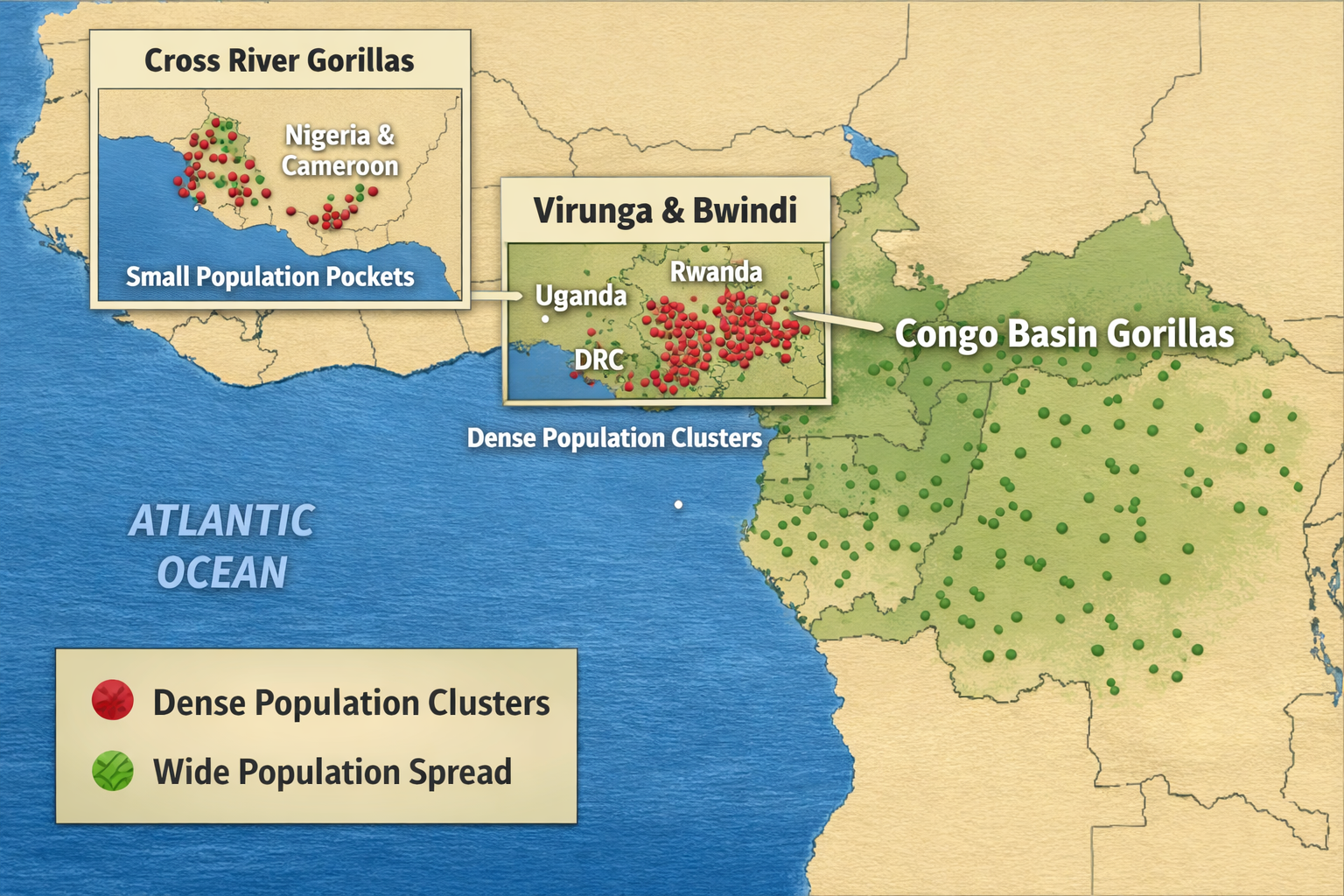 Virunga/Bwindi vs. Congo Basin sprawl; Cross River  Nigeria-Cameroon pockets.